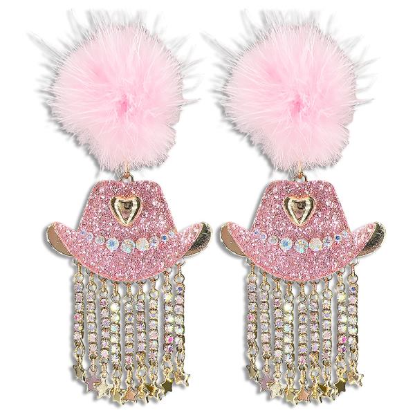 ACETATE POST WH POM VALENTINES DAY COWBOY HAT EARRING