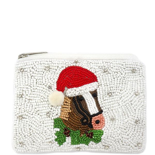 CHRISTMAS SEED BEAD SANTA HORSE COIN PURSE BAG