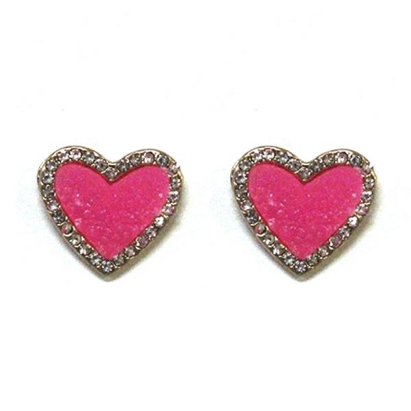 RHINESTONE DRUZY COLOR HEART STUD EARRING
