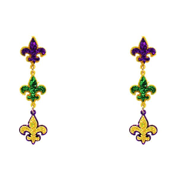 FLEUR DE LIS MARDI GRAS GLITTER DANGLE EARRING