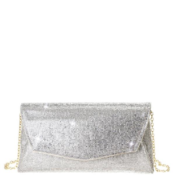 RHINESTONE FLAPOVER CLUTCH W SHOULDER CHAIN