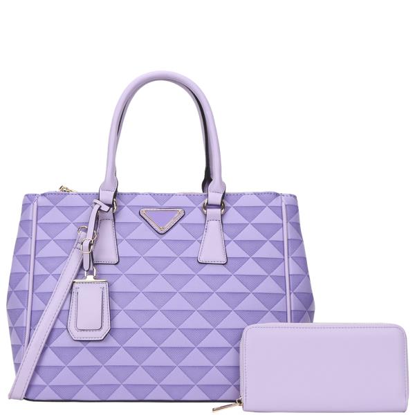 2IN1 TRAINGULAR PATTERN MONOGRAM HANDLE SATCHEL BAG WITH WALLET SET