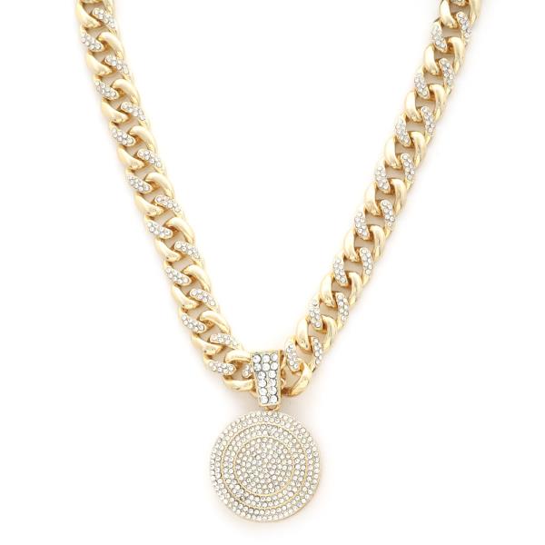 SODAJO RHINESTONE DISC PENDANT CURB LINK NECKLACE