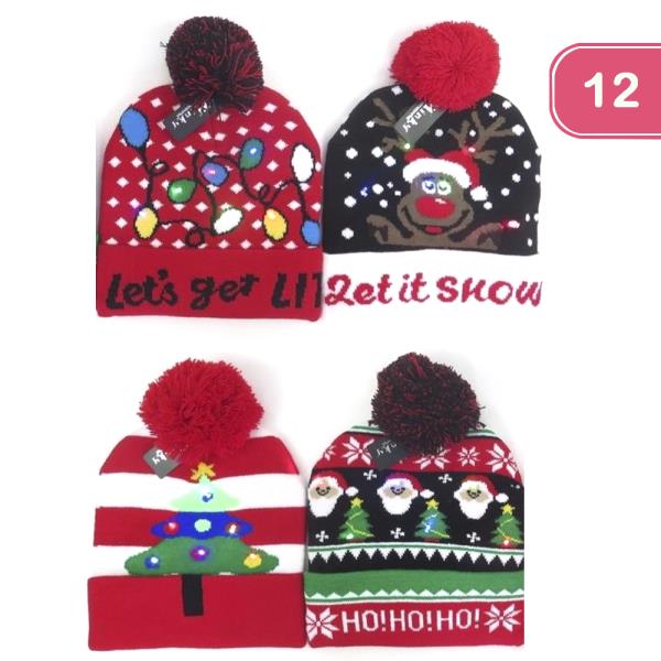 CHRISTMAS LIGHT ON LED POM POM BEANIES (12 UNITS)