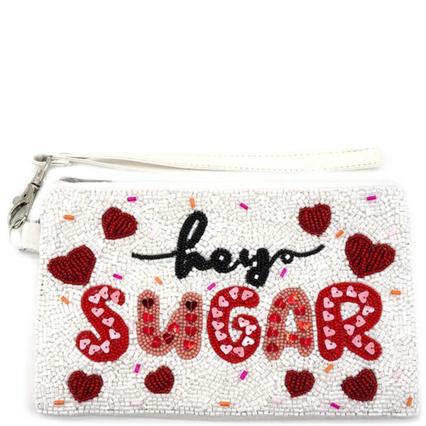 HEY SUGAR HEARTS THEME FULL SEED BEAD ZIPPER BAG
