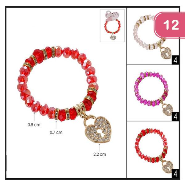 FASHION  DANGLE HEART CHARM VALENTINES DAY BRACELET (12UNITS)