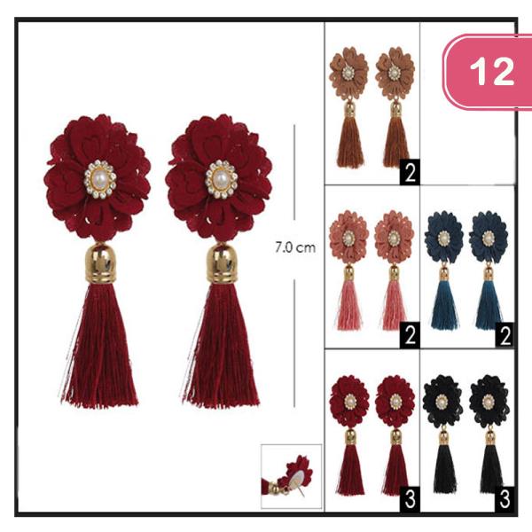 FASHION FABRIC FLOWER TASSEL EARRINGS  (12UNITS)
