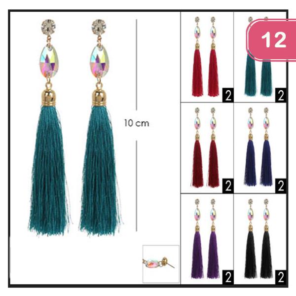 FASHIONDARK TONE TASSEL TEARDROP STONE DANGLE EARRING (12UNITS)