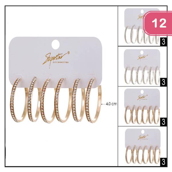 3PAIR STONE HOOP EARRING (12UNITS)